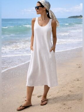 Tommy Bahama Linen White Shift Midi Dress Coastal Resort CBKStyle M Clean Summer